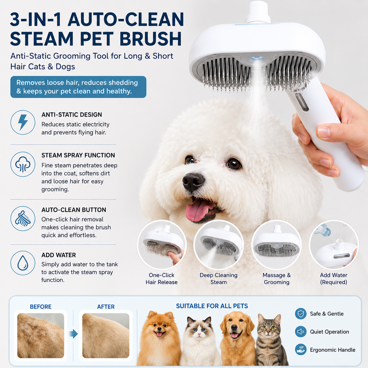 3-IN-1 AUTO-CLEAN STEAM PET BRUSH